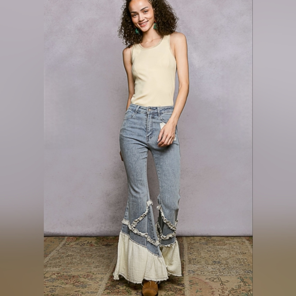 P110 NWT POL Flare Stretch Denim Twill Vintage Wash Pockets Raw Hem Sm Md Lg - Picture 7 of 15